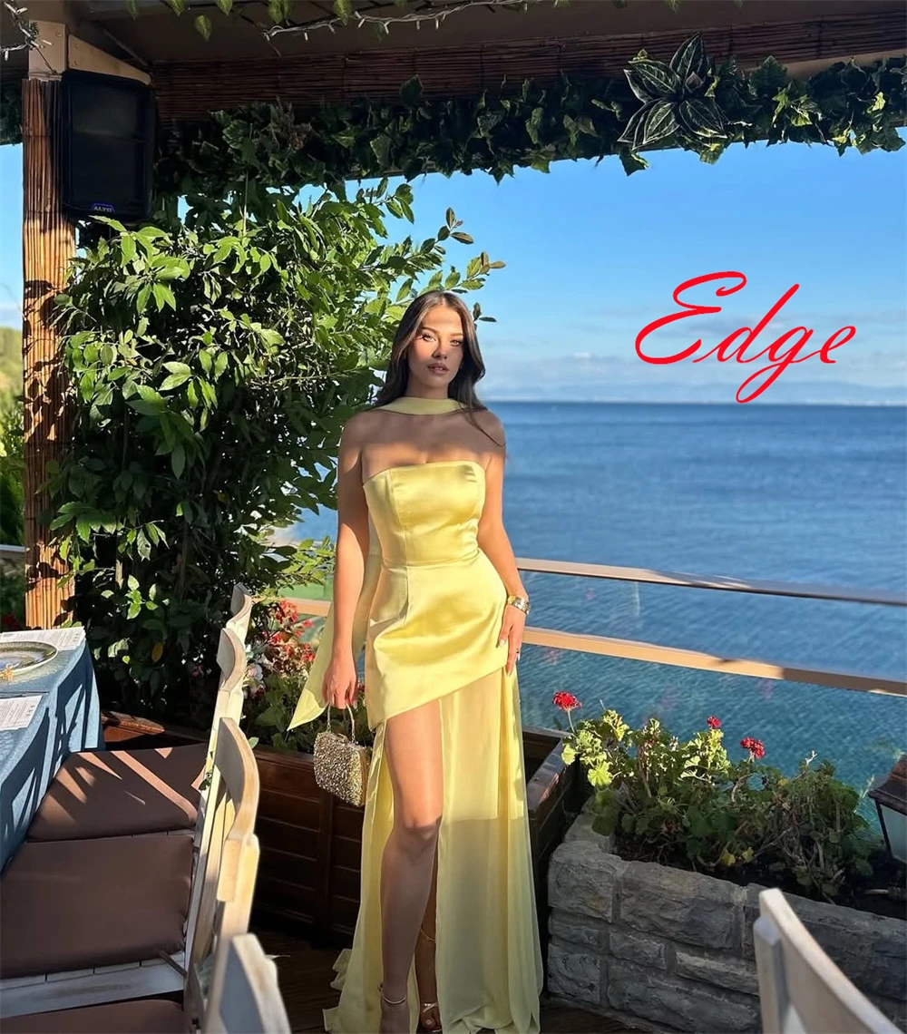 

Customized Elegant Yellow Satin Evening Dress High Quality Strapless Ribbon Prom Dress Zipper Back Bespoke Occasion Gowns