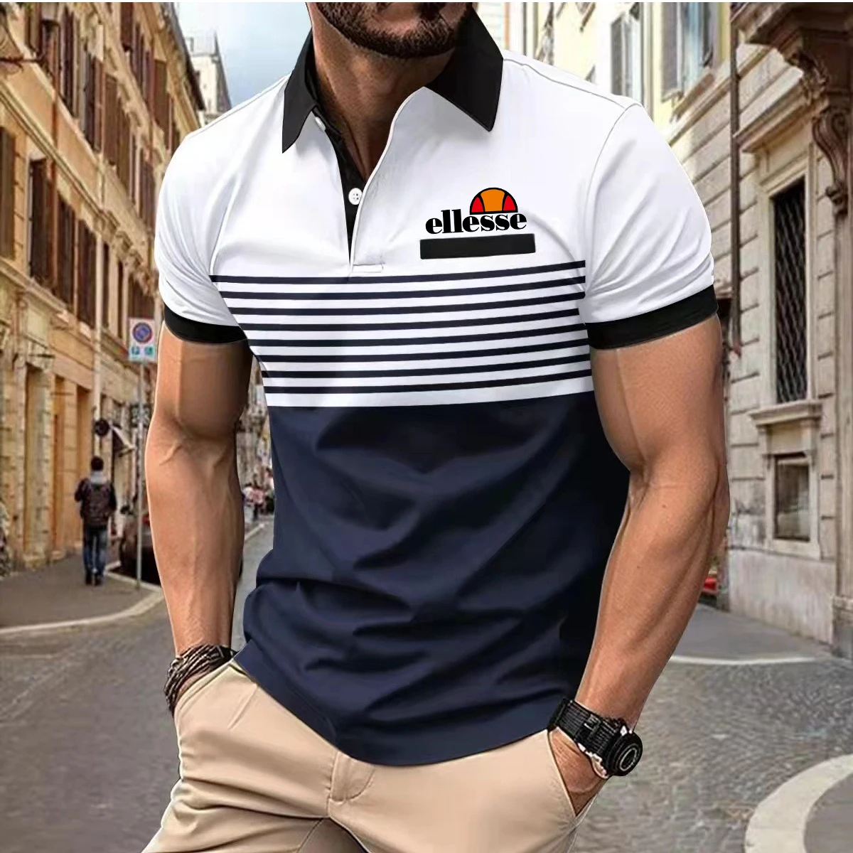 Premium Herren-Poloshirt von ellesse: Hautfreundliches Material, Kontrastkragen und -manschetten, horizontale Streifen mit klassischem ellesse-Logo.