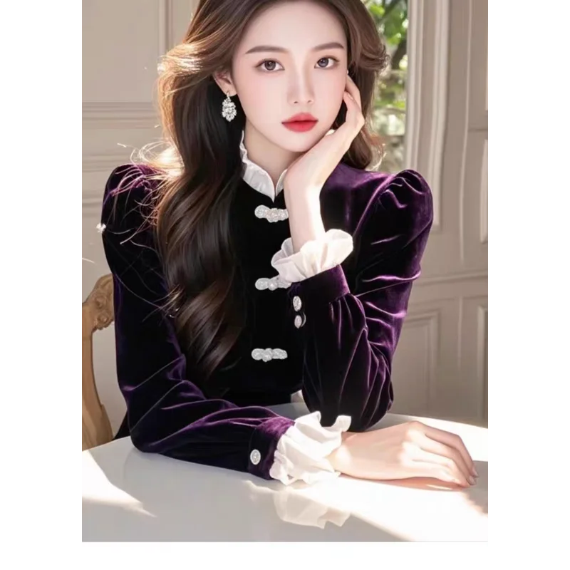 New Chinese Style Purple Stand Collar Velvet Top Women's 2025 Autumn Stand Collar Bottoming Top