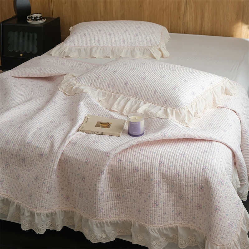 3Pcs Pure Cotton Floral Lace Ruffles Quilted Bedspread, Mattress Cover Set, Bed Skirt, Bed Sheet Set, Coverlets, With Pillowcase