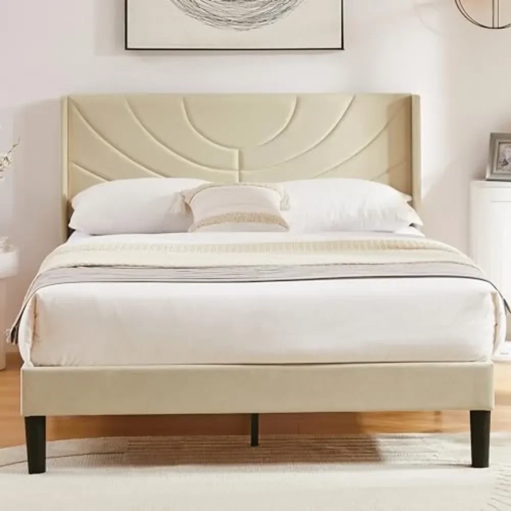 

Queen Size Bed Frame, Upholstered Platform with Fabric Headboard,Wooden Slats Support/No Box Spring Needed/Mattress Foundation