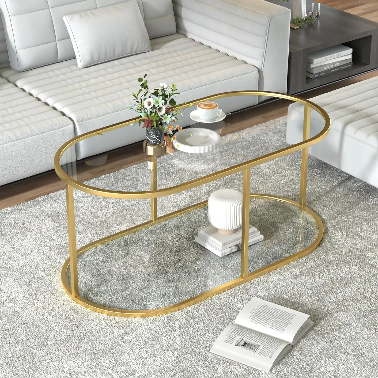 Coffee Table Gold Glass Coffee Table For Living Room,2 Tiers Oval Center Table With Sturdy Metal Frame,Modern Tempered Glass