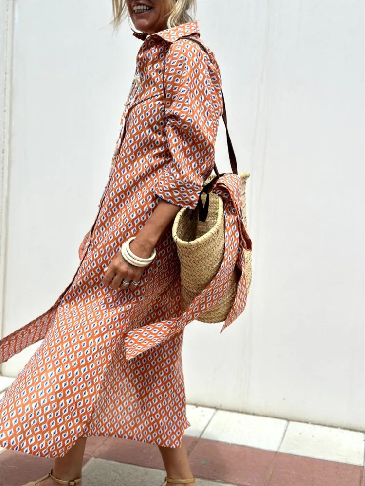 Frauen Mode Revers Side Split Shirts Kleider Neue Frühling Casual Halbe Hülse Langes Kleid Elegante Taste Gestreiften Print Party Kleid