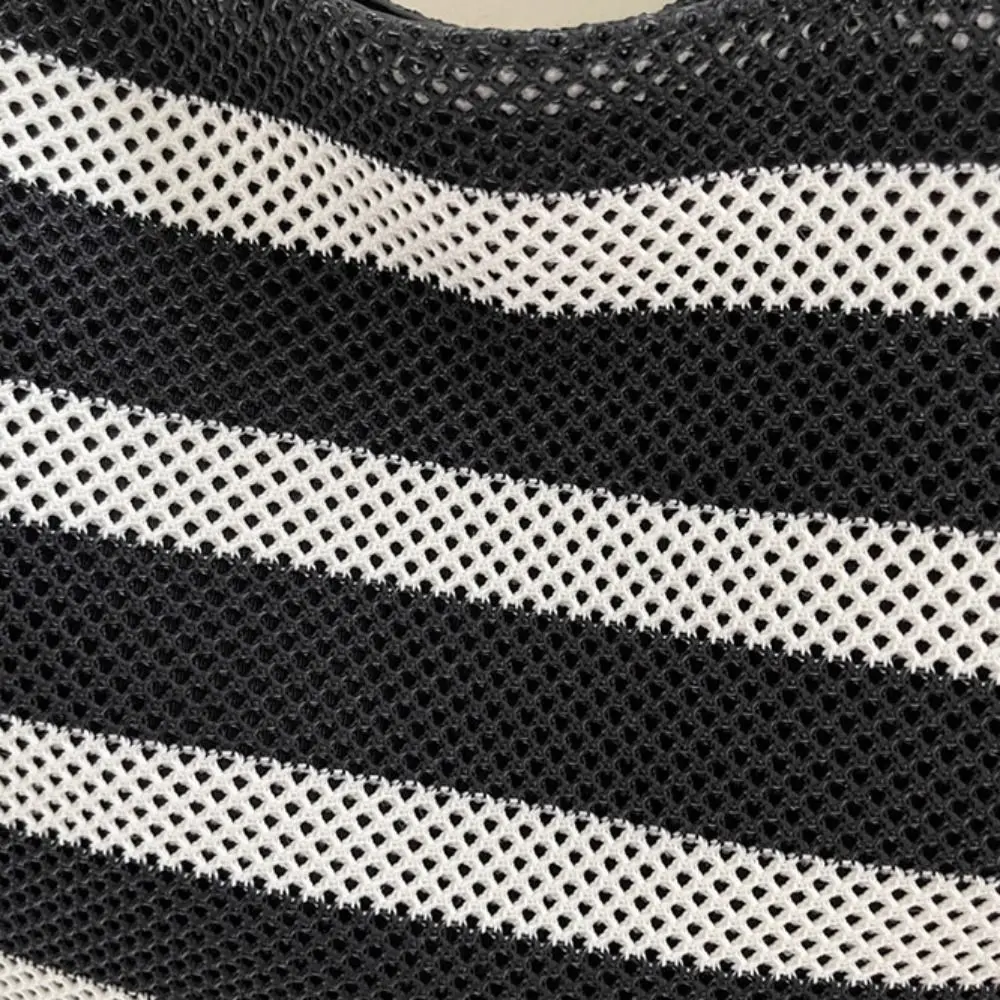 

Korean Style Black and White Striped Tote Bag Lazy Style Large Capacity Woven Shoulder Bag Beach Handbag Zipper