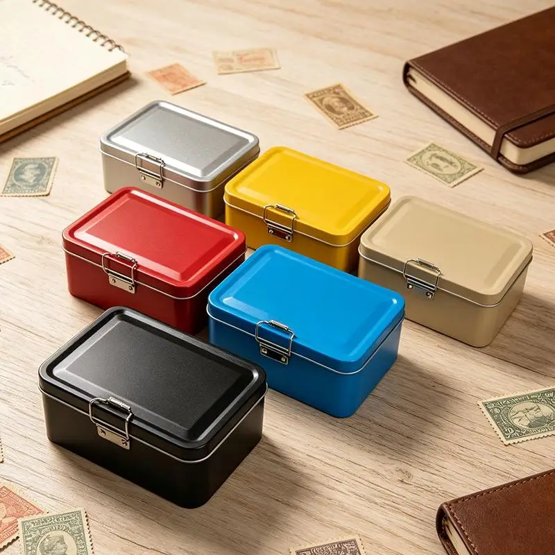 Solid Color Flip Lock Iron Storage Tin With Cover Sturdy Metal Container For Fishing Tackle Crafts Small Accessories Arrangement