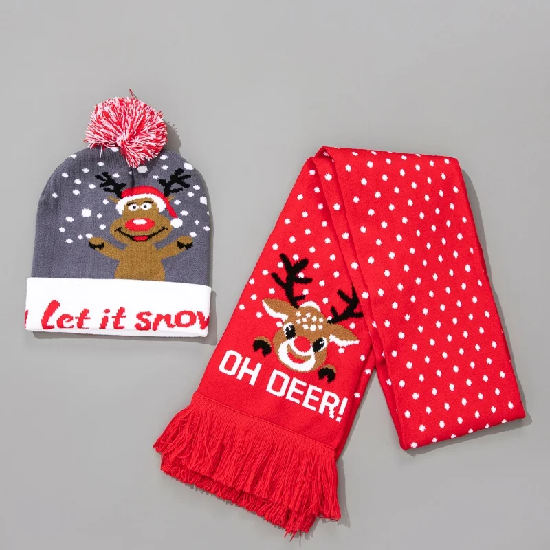 قبعة عيد الميلاد، قبعة وشاح محبوكة شتوية دافئة اللون، هدية عيد الميلاد للعام الجديد، ديكور الحفلات، قبعة دافئة ومجموعة وشاح