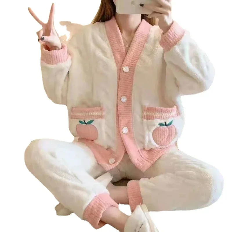 Pyjama Deux Pièces pour Femme, Ensemble de Vêtements de Maison, Chaud, Décontracté, à la Mode, Trempé, Automne Hiver, 2024