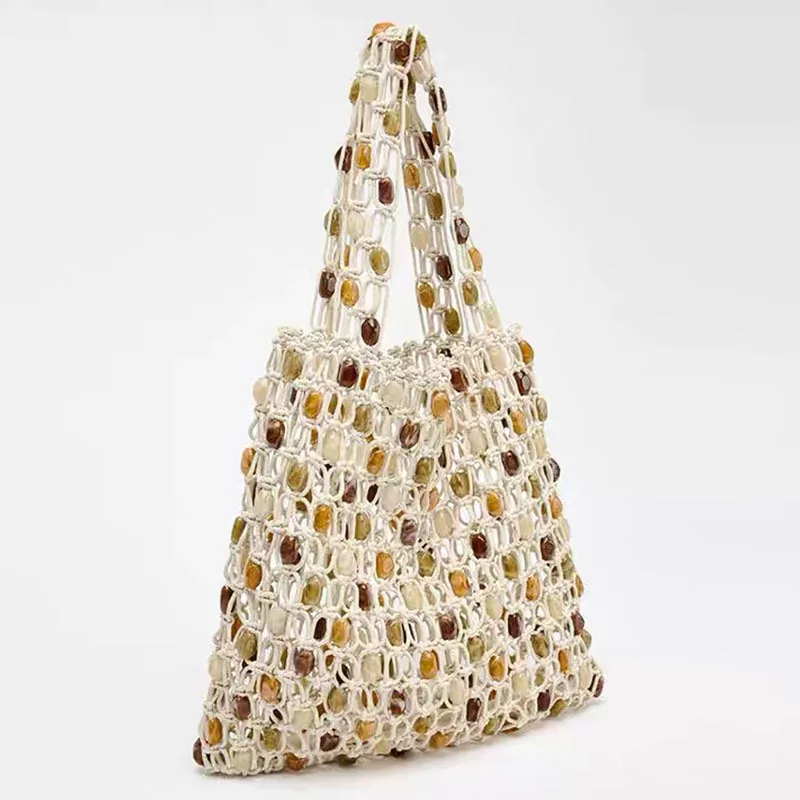 

Luxury Beads Woven Tote Bags for Women Hollow Crochet Shoulder Bag Rope Knitting Beach Designer Bag NEW Handbags Shopper Purses
