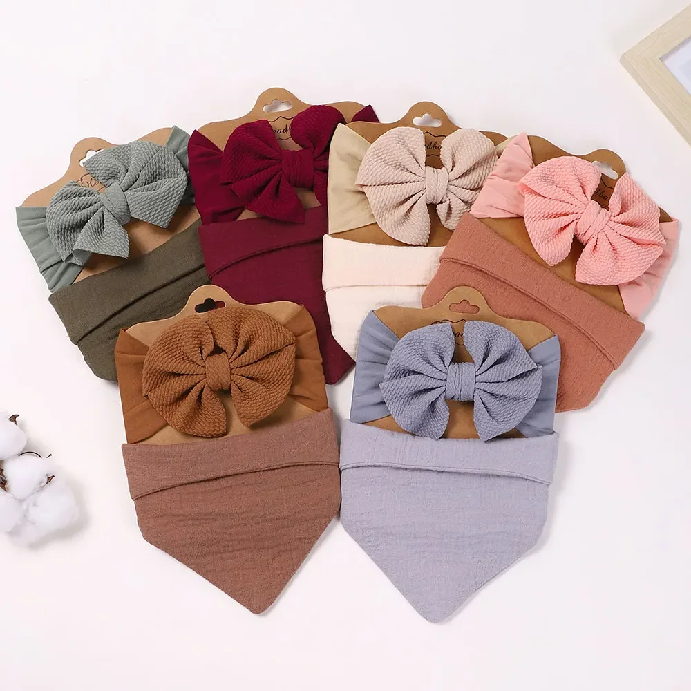 2Pcs/lot Baby Solid Color Bib Turban Big Bow Headband Set for Newborns Elastic Bandana Hairband Headscarf for Toddler Bibs Sets