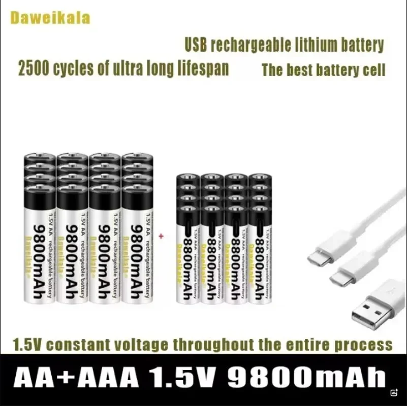 

AA + AAA USB Rechargeable battery AA 9800mAh/AAA 8800mAh li-ion batteries for toys watch MP3 player thermometer+ Cable