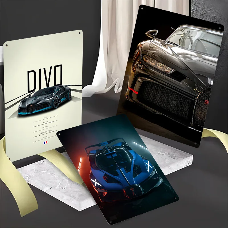 Pósteres Metálicos de Autos Deportivos BugattiS, Letreros Metálicos Retro Vintage Personalizables para Decoración de Paredes de Cuartos de Hombre, Garajes, Dormitorios y Casas