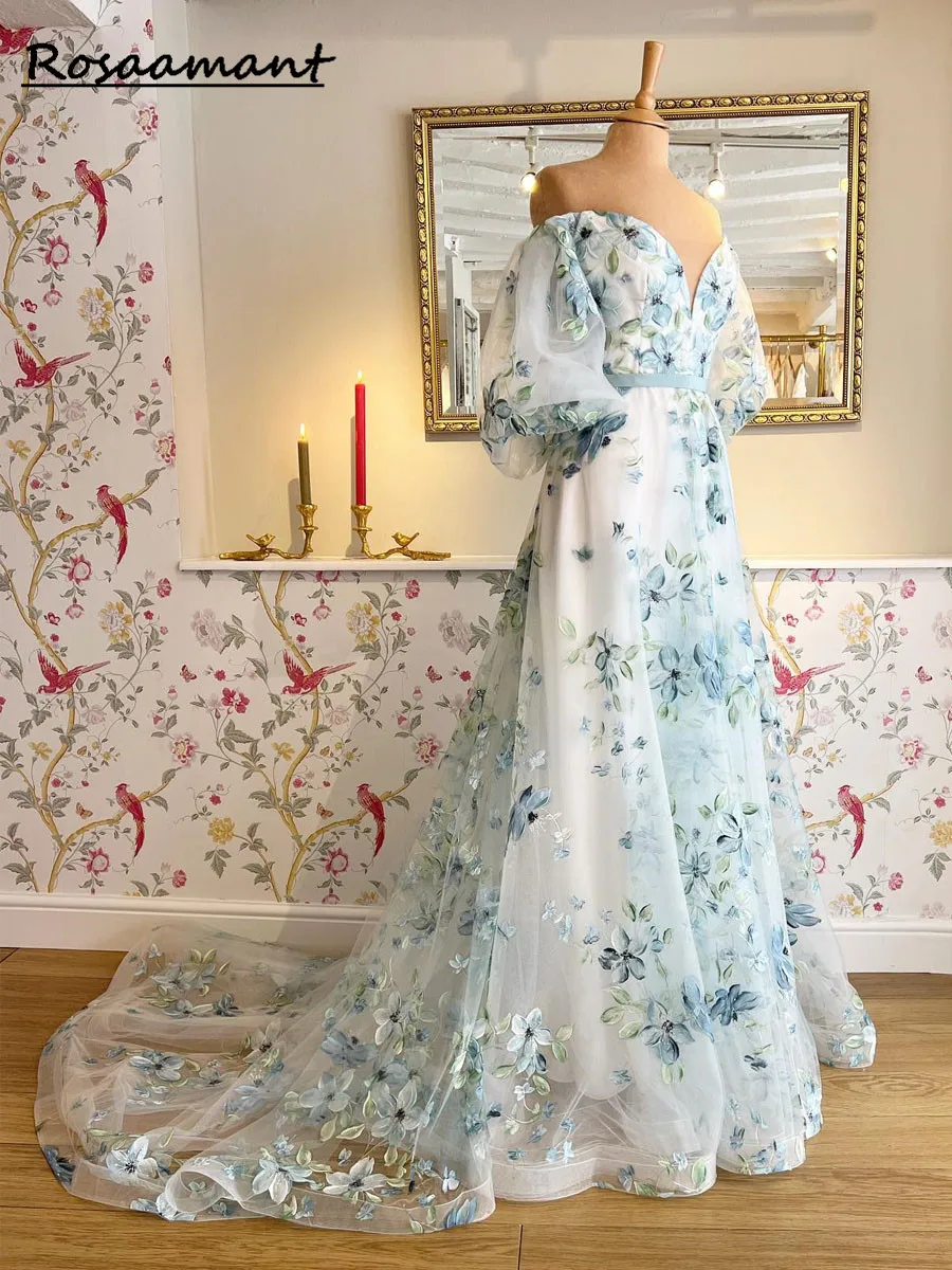 Vinatge Off Shoulder Princess Sweetheart Print Flower Wedding Dress with Puffy Sleeve 2023 Wedding Party Dress