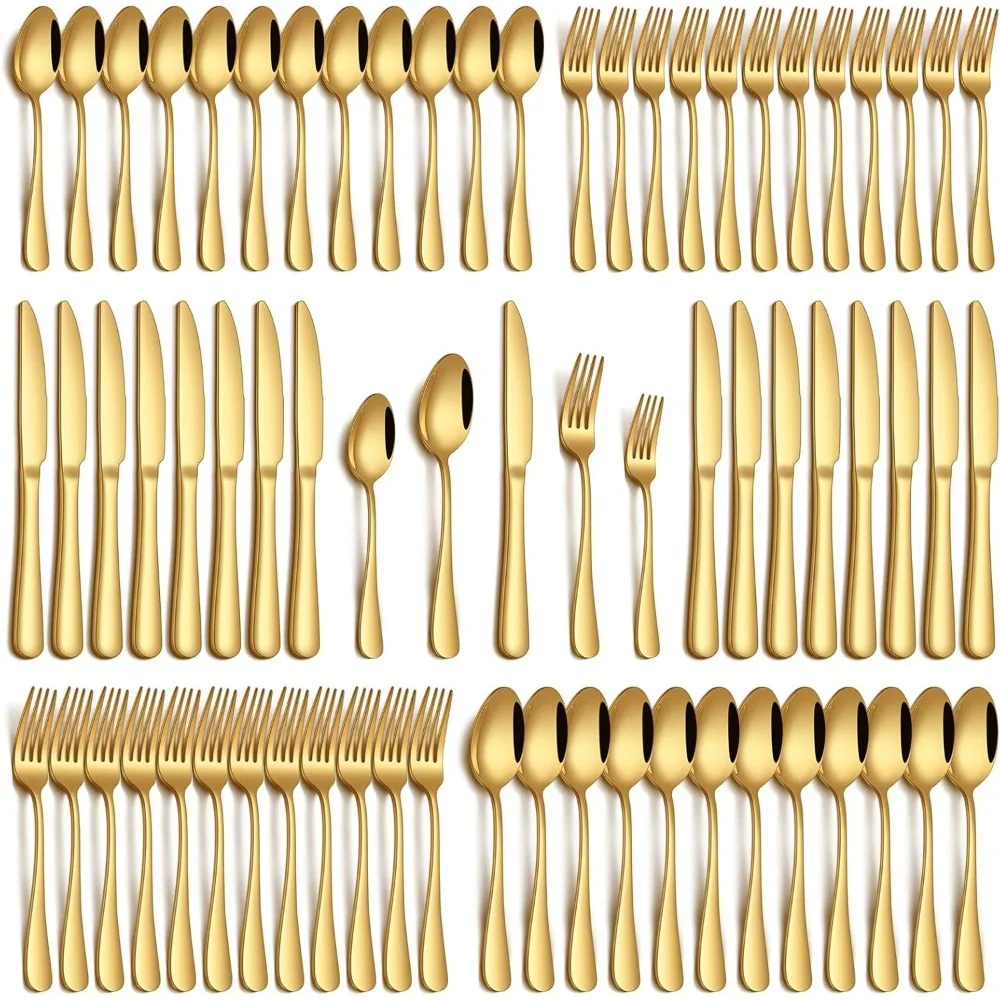 

60-Piece Gold Stainless Steel Flatware Set for 12, Mirror Polished Dishwasher Safe Cutlery