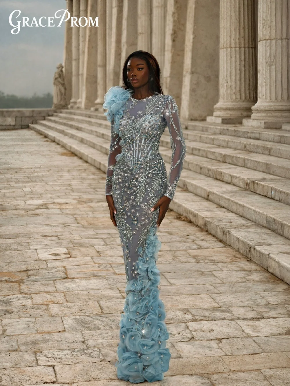 

Enchanting Bead Sequin Light Blue Party Dress 2026 Luminous High Neck Long Sleeve Evening Gown For Wedding Guests فساتين سهرة