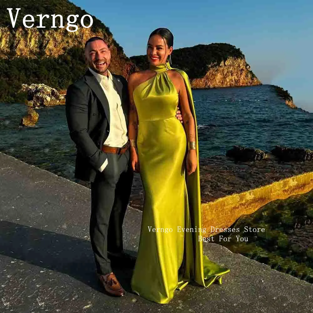 

Verngo Green Satin Maxi Formal Evening Dress Women Simple Halter Mermaid Formal Prom Dress Sexy Backless Party Dress