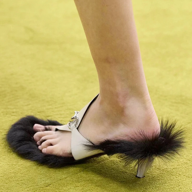 Low Heels Women Clip Toe Fluffy Fur Slides Dress Slip On Metal Chain Thong Sandals Fashion Summer Slippers Shoes Size 43