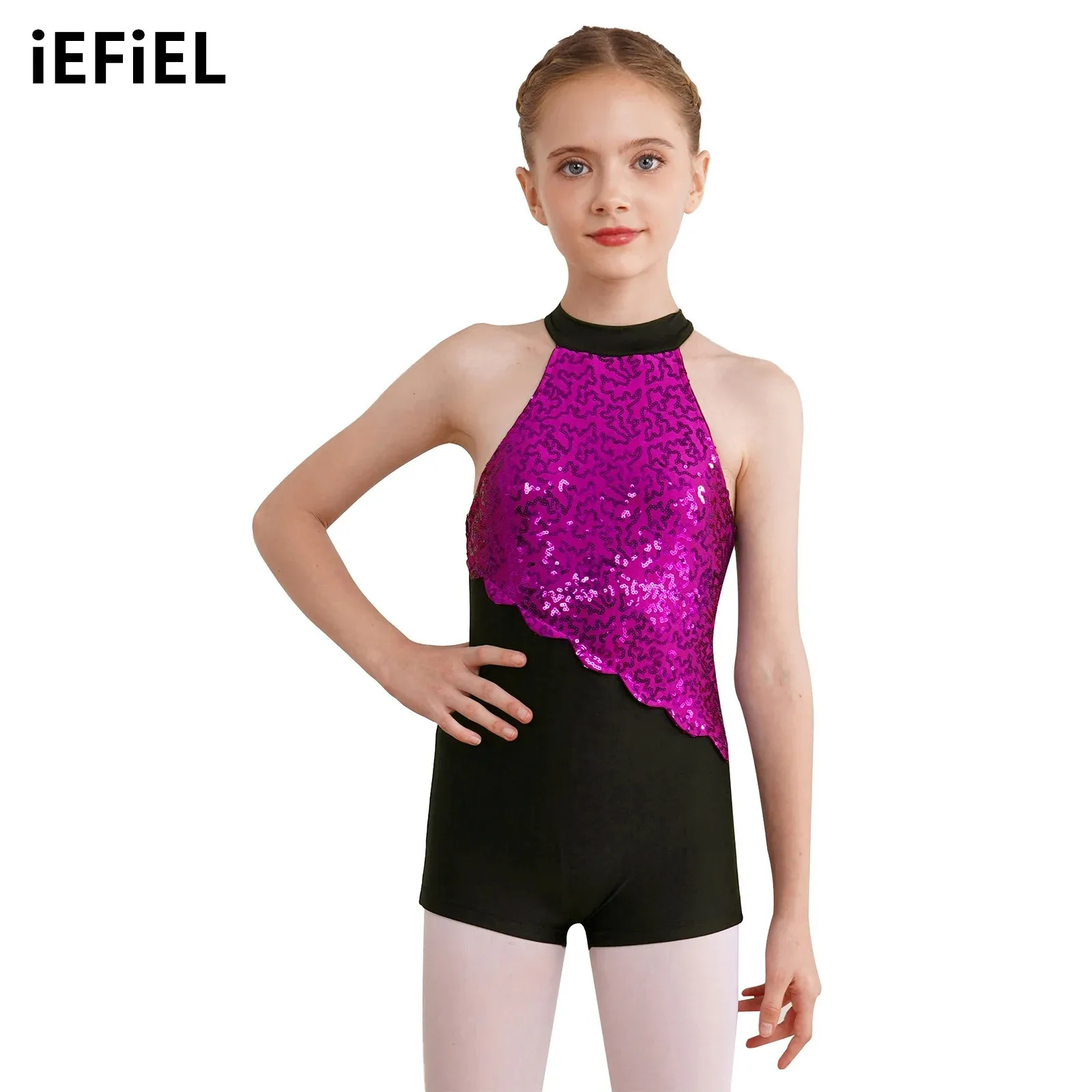 

Kids Girls Sequins Dance Leotard Glittery Strappy Back Mock Neck Sleeveless Bodysuit for Figure Skating Rhythmic Gymnastics