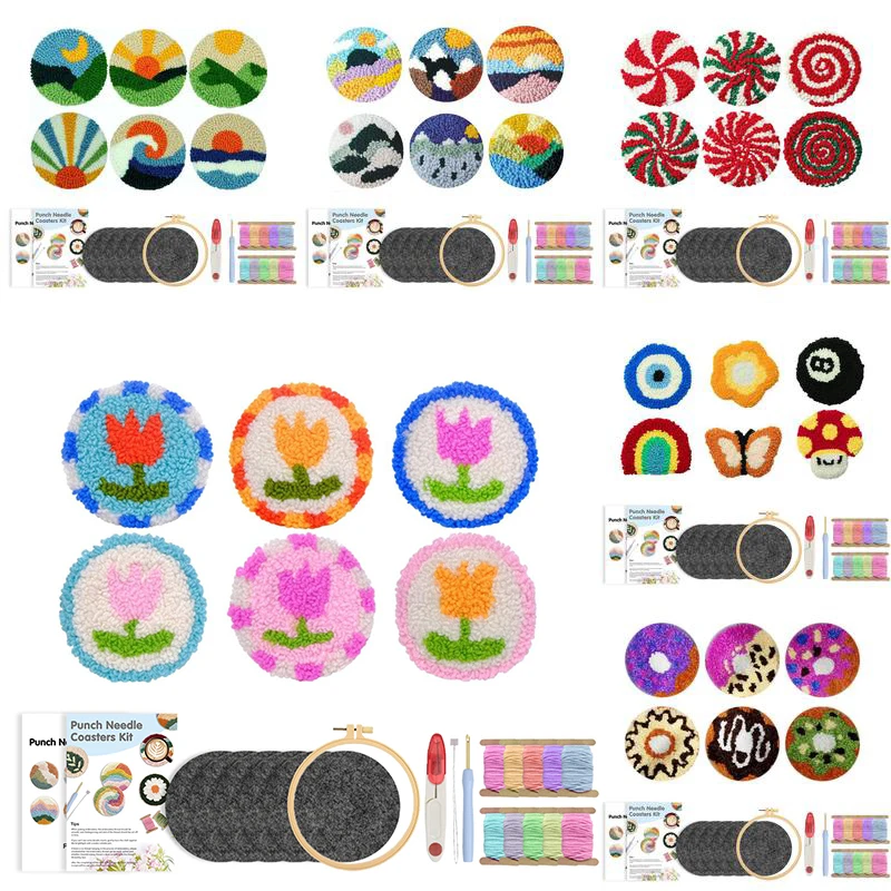 

GATYZTORY 6Pcs Punch Needle Embroidery Kit Landscape DIY Punch Needle Coasters Craft Set with Tools Hoop and InstructionDecorati
