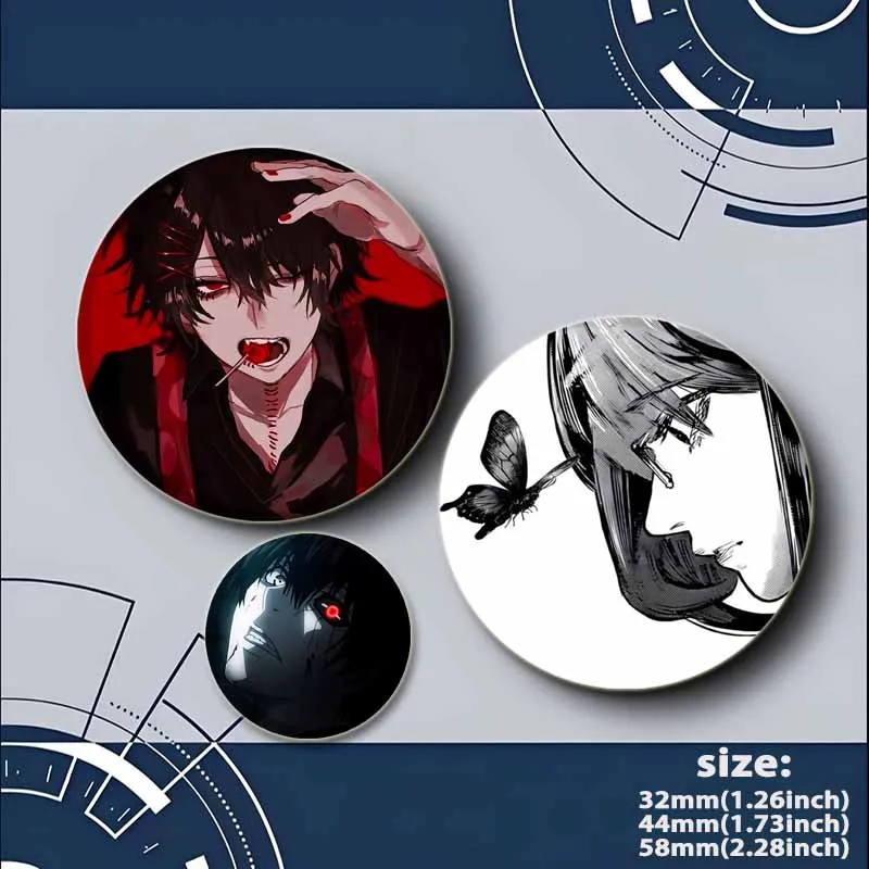 طوكيو الغول أنيمي زر دبابيس دبابيس الإبداعية المستديرة لحقيبة الظهر اكسسوارات الهدايا Kaneki كين جوزو سوزويا ري الكرتون شارة