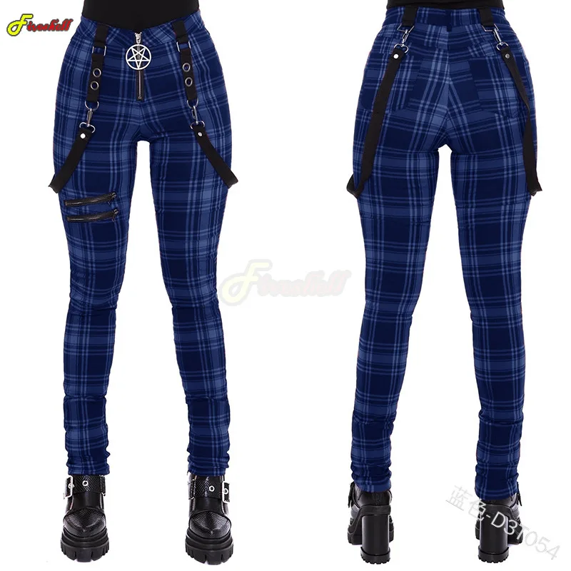 Pantalon à carreaux gothique taille haute pour femme, pantalon punk, streetwear médiéval, olympiques cosplay, fermeture éclair Y2k, pantalon long,