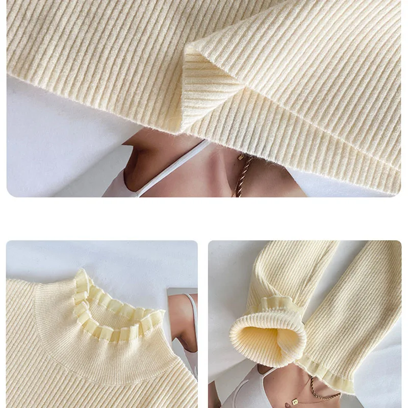 Suéter De punto para Mujer, jerséis nuevos De manga larga con cuello con volantes, suéter De punto, Tops para Mujer, suéteres, suéteres De Mujer Q1148