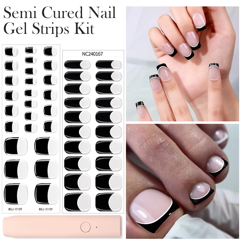 3PCS Black French Semi Cured Nail Gel Strips with UV Lamp Set Adhesive Waterproof Long Lasting Full Cover Gel Stickers Nail Wrap