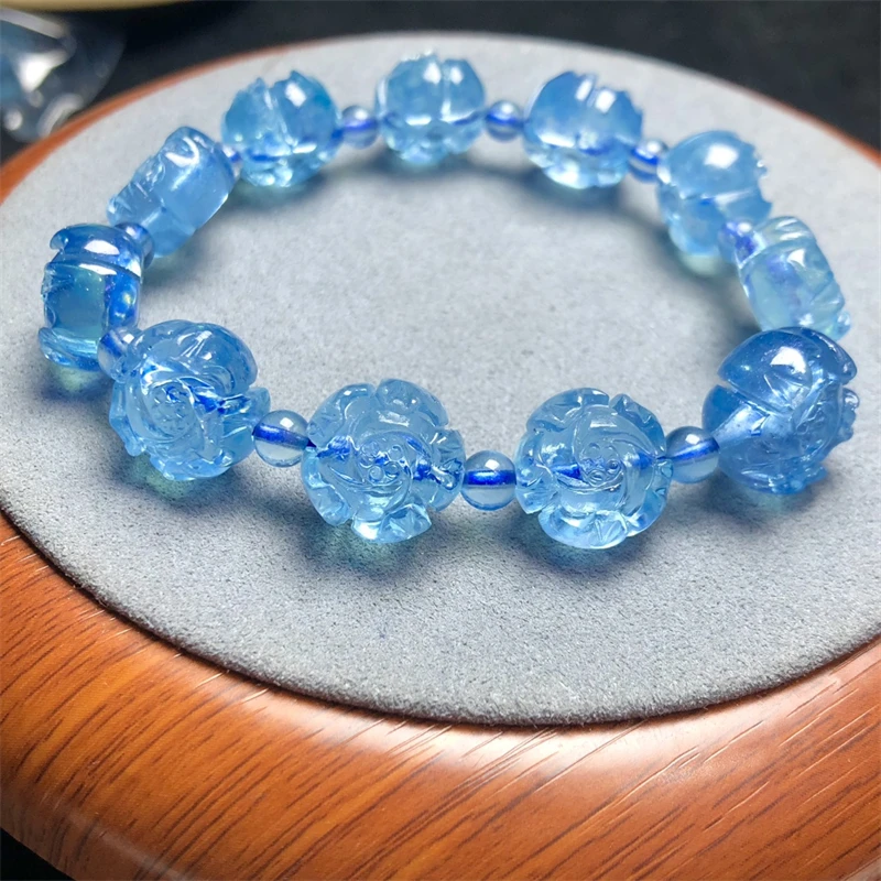 

Natural Aquamarine Peony Flower Carving Bracelet Charms Strand Exquisite For Women Jewelry Gift Crystal Energy Gift