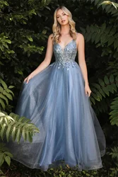 Tulle Spaghetti Straps V-Neck Prom Dresses Lace Appliques Sheer Corset Sleeveless Formal Ball Gowns A-line Long Evening Gowns