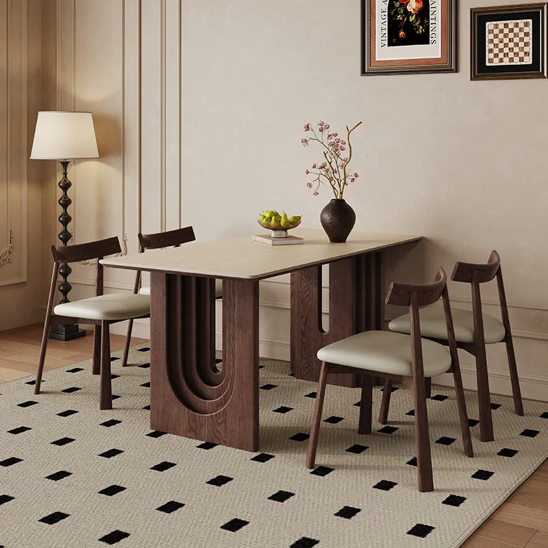 Solid wood rock slab dining table rectangular modern simple walnut color home retro wind wabi sandy wind dining table small apar
