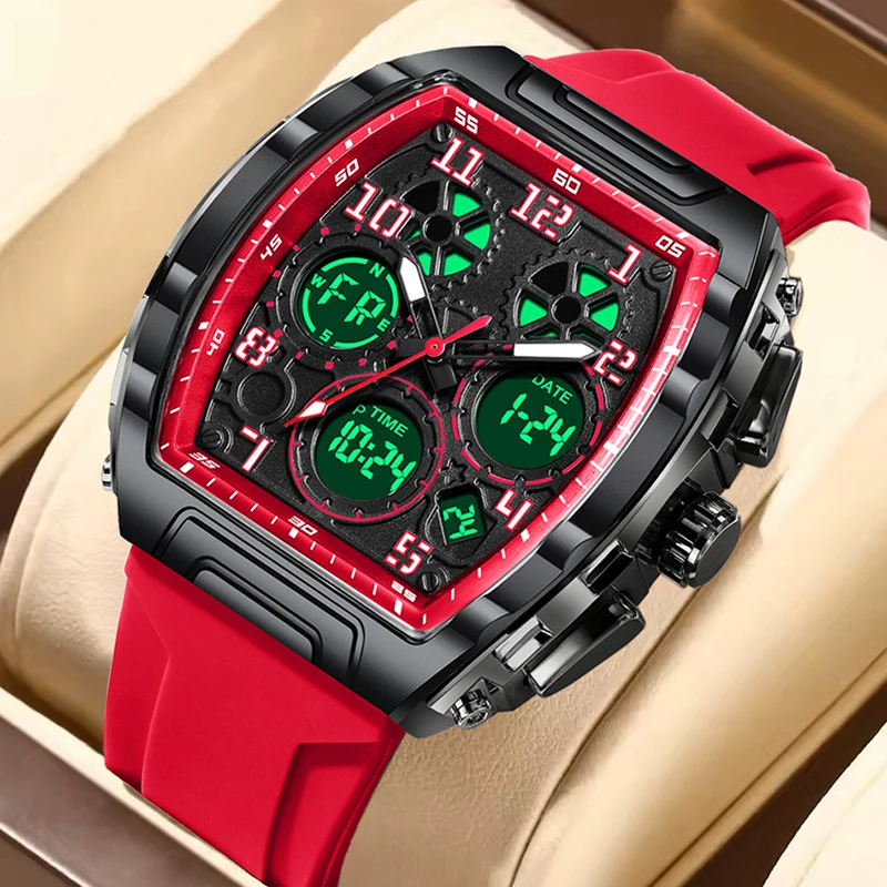 

FOXBOX New Square Analog Digital Watches For Men Fashion Business Red Silicone Waterproof Luminous Men Quartz Watch Montre Homme