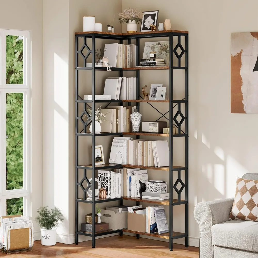 7 Tier Corner Bookshelf Reversible Bookcase, Tall Bookshelf Display Rack Shelf with Metal Frame for Living Room, Bedroom, Home