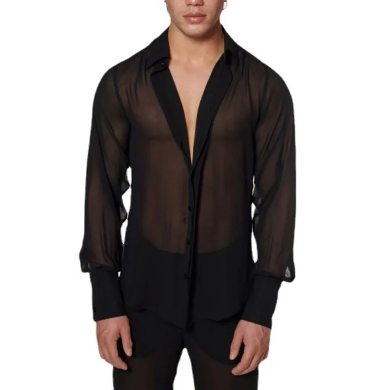 Men's Clothing Mesh See Through Mesh Sexy Long Sleeve Shirt Solid Color Button-down Vintage Streetwear Retro Party Tops S-XXXL