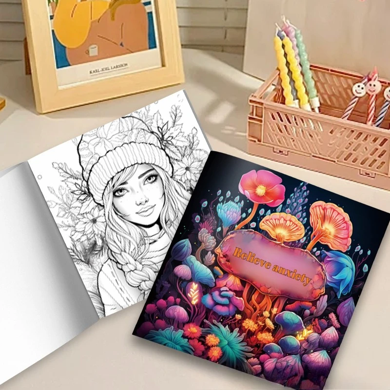 Relieve Anxiety Coloring Book Neon Magic Mushroom Floral Trippy Stress Relief Drawing Book