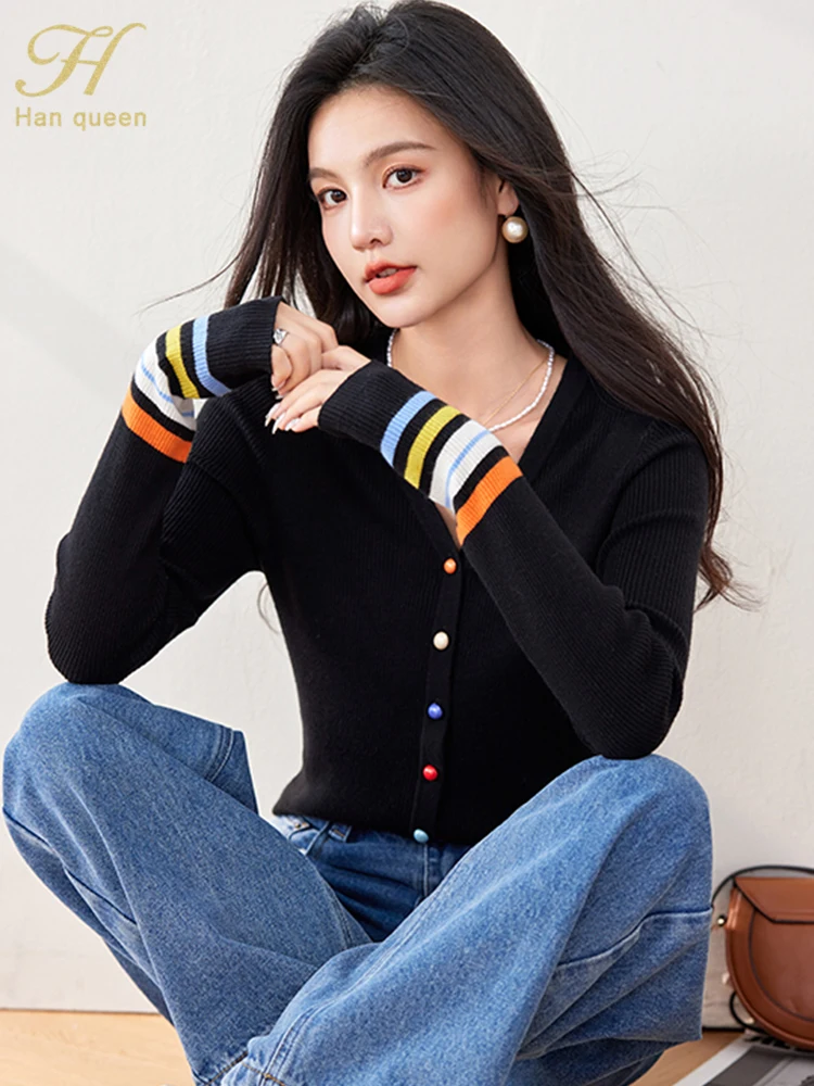 H Han Queen Autumn Winner Tops New Colorblocked Striped Knit Sweater T-Shirt Womens Vintage Work Casual Tops Elegant Women Tee