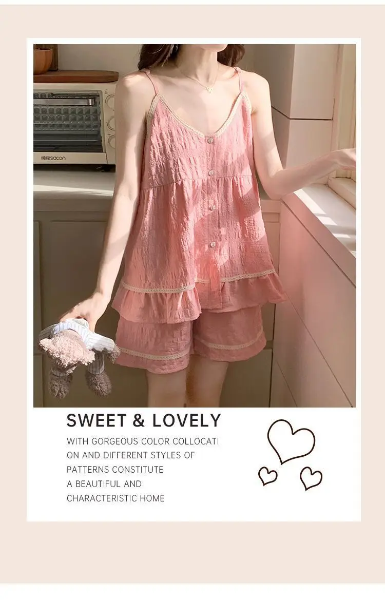 Damen Sommer Dünnes Camisole-Pyjama mit Brustpolster, Lässiger Jugendlicher Sexy Stil Hausanzug-Set, Damen Sommerkleidung – Detail 8