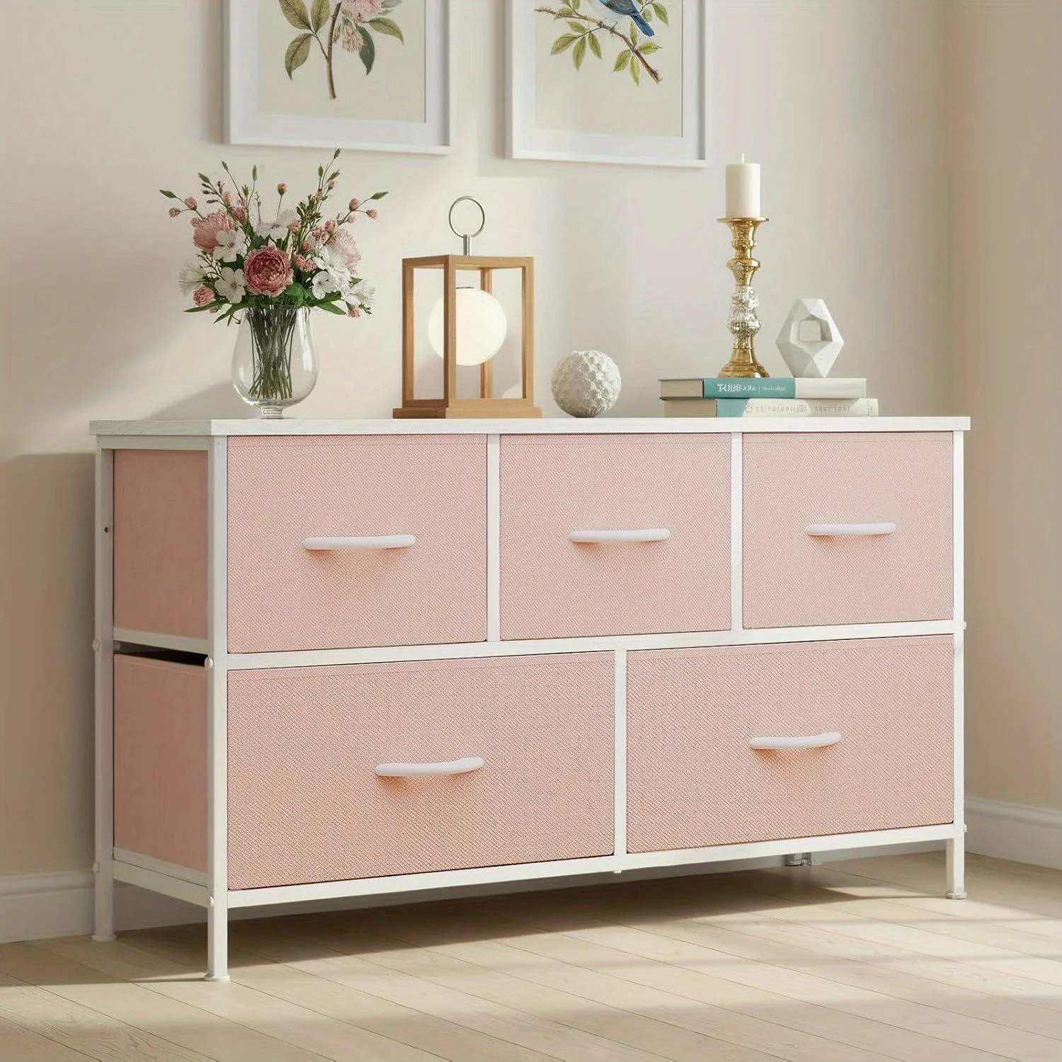 

Современный комод с 5 ящиками и широким тканевым комодом — металлический каркас, компактный низкопрофильный органайзер, подходящий для спальни, Livi