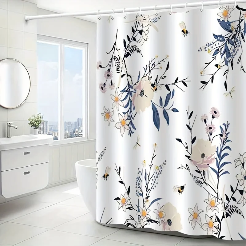 1pc Elegant Bees & Flowers Shower Curtain , Anti-Fog, Machine Washable Polyester Bath Curtain with Vibrant Floral & Butterfly De