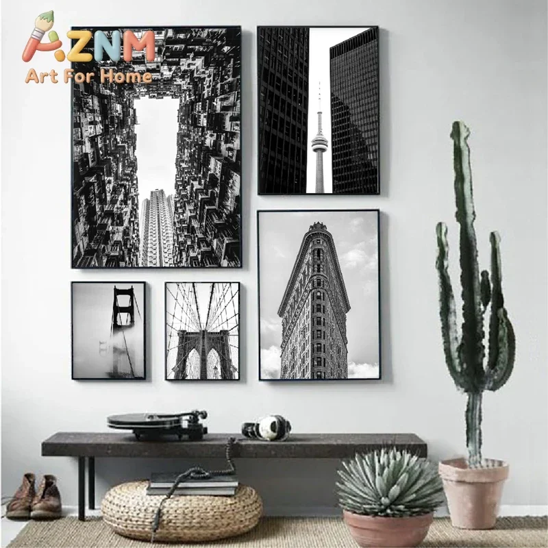 AZNM Black White City Architecture Canvas Painting, Skyscraper Bridge Urban Photography Print, Modern Industrial Living Room Wal
