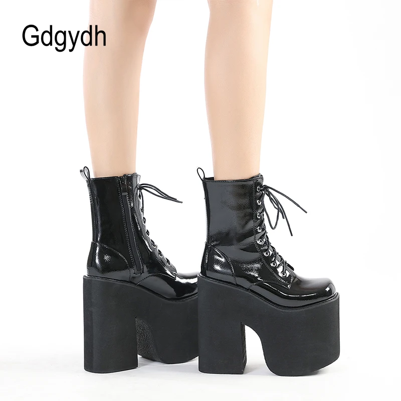 Gdgydh High Platform Boots Women Goth Punk Chunky Heels Catwalk Combat Boots Lace Up Daughter Patent Vegan EMO Booties Plus Size