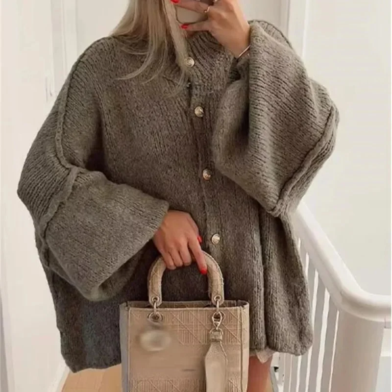 Fashion Solid Loose Sweater For Women O-neck Metal Button Cardigan Single Breasted Autumn Winter Casual Coat Female Knitted Tops