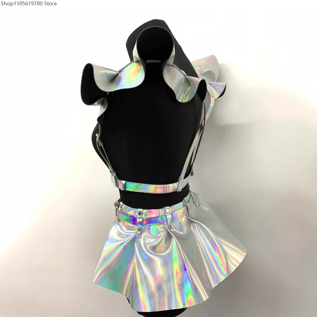 2026 Fashion Hologram PU‑Leather Ruffle Shoulder Suspender Harness Adjustable Waist Girdle Skirt Women Cosplay Costume Prop