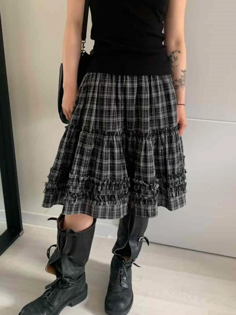

Retro Plaid A-Line Skirt Women's Summer Elastic Waist Slimming Gored Hem Small Size Cheered Pattern Commute Sle