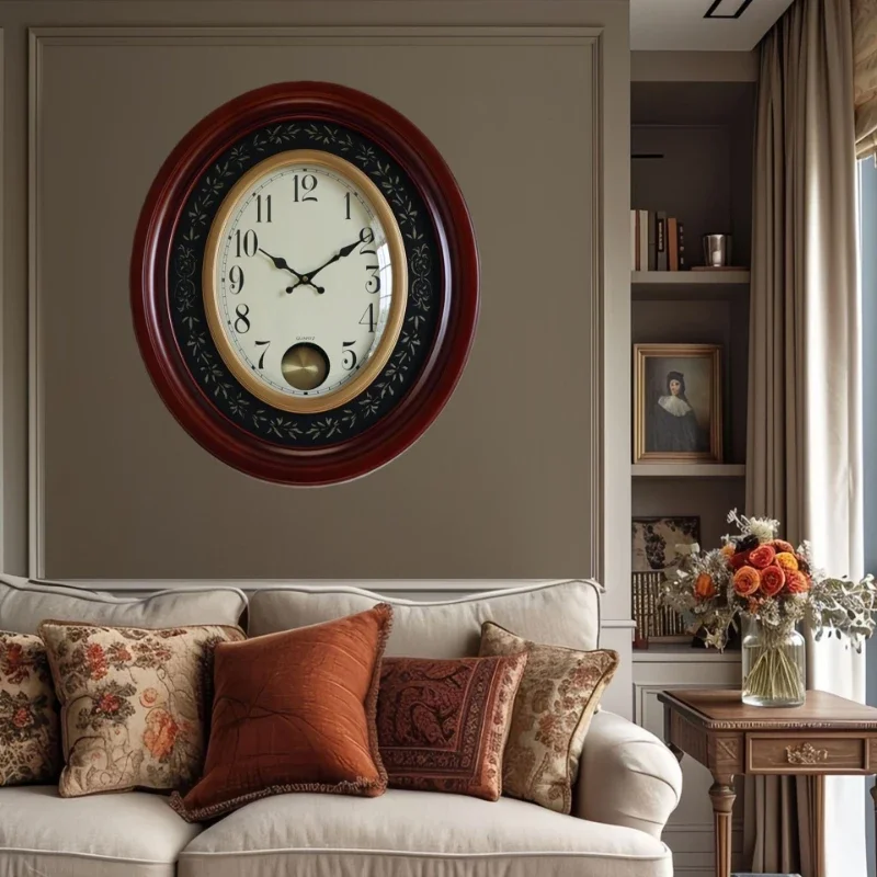 American Antique Solid Wood Wall Clock Retro Living Room Luxury Wall Clock Classical With Pendulum Clocks Printed Home Decor
