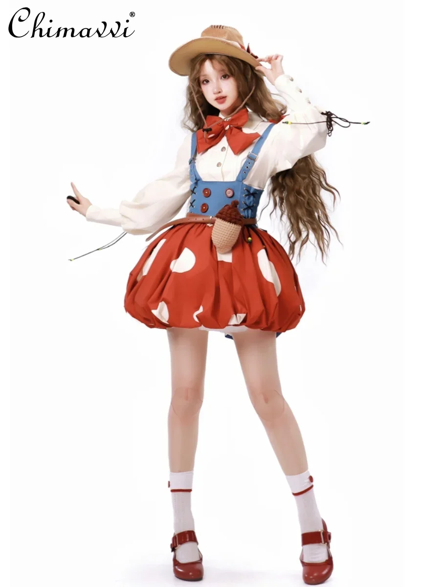 

New 2024 Autumn Sweet and Cute Red Mushroom Denim Brace Bud Skirt Lolita Girl Women's Long Sleeve Shirt 2 Piece Skirt Set