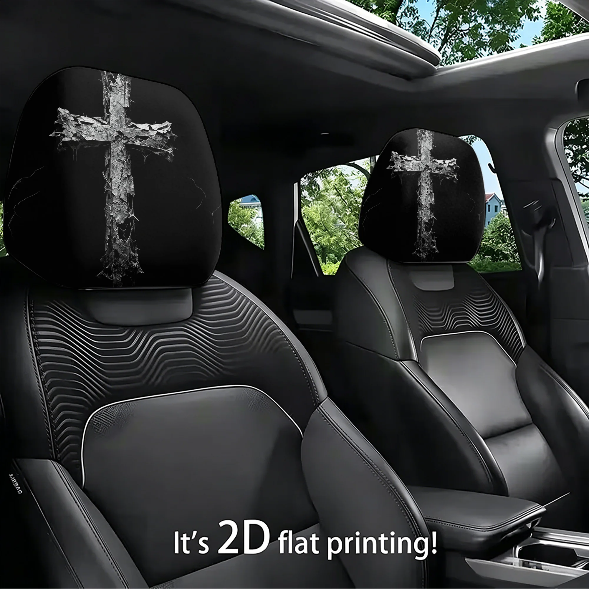 2pcs Gothic Cross-Pattern Car Headrest Covers, adding a dark and unique touch to your car’s interior. Filling not included. Easy