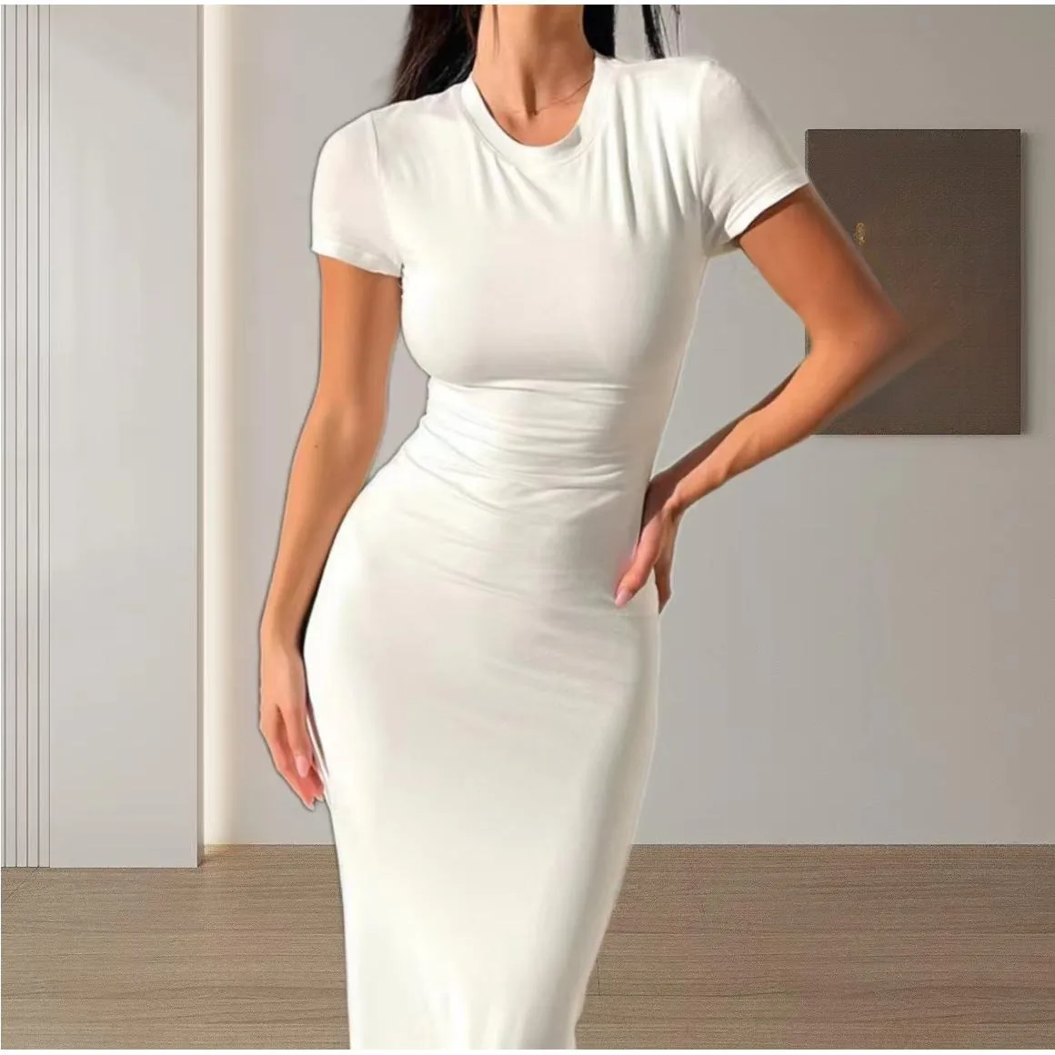 E cor pura slim fit vestido de manga curta moda fena estilo básico saia de crimento médio estilo europeu cintur...