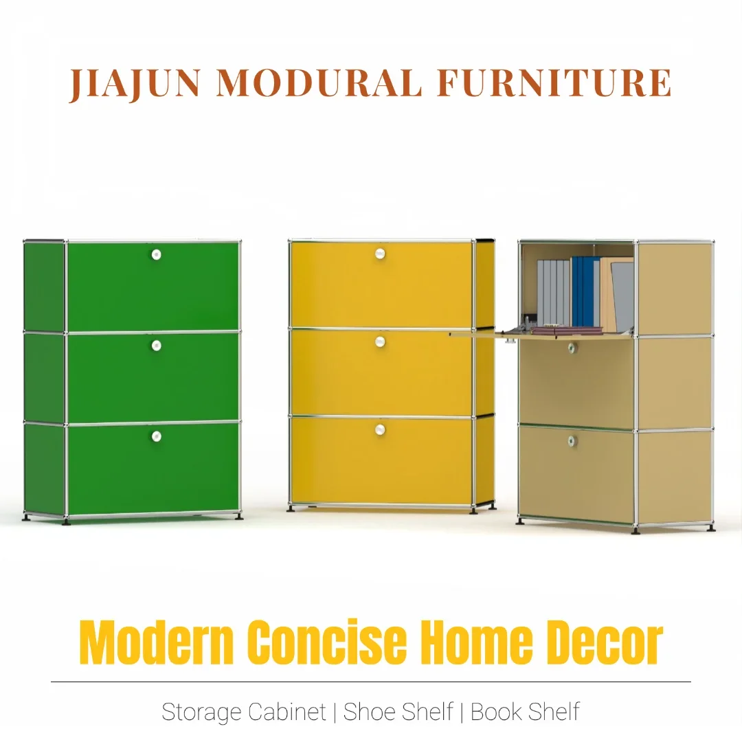 

Tall Modular Cabinet with Flip Doors｜Minimalist Shoe Cabinet | Entryway Storage Unit | 3-Tier Metal Locker | For Living Room
