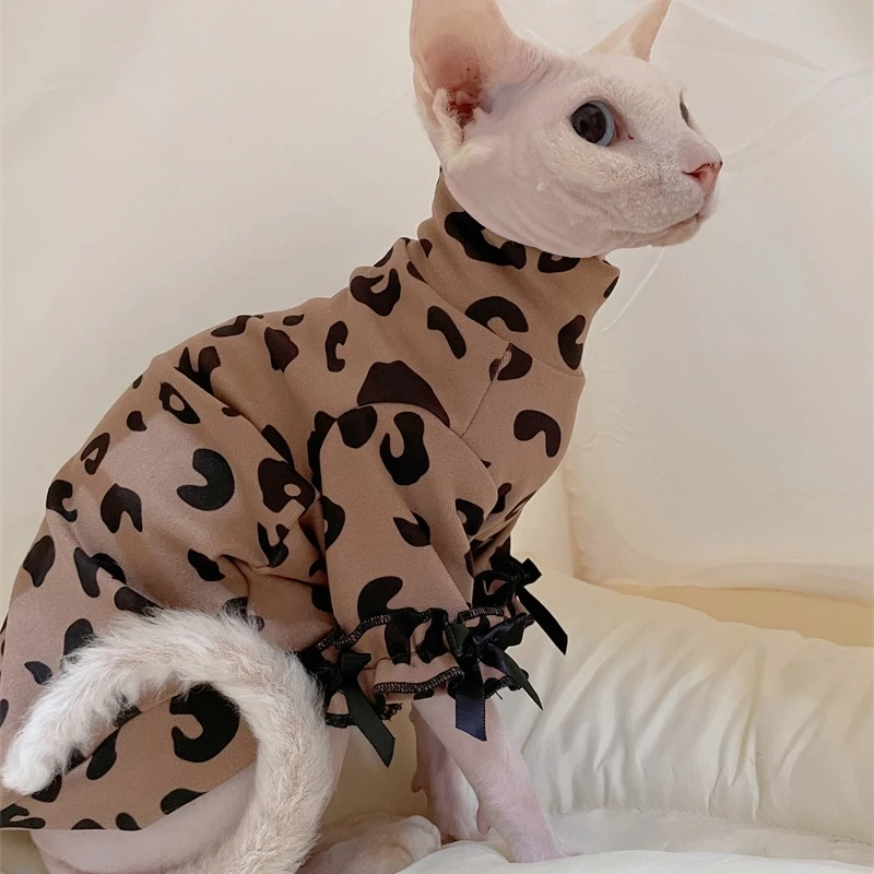 Soft Coffee Jacket for Sphnx Cat Winter Spring Sweet Leopard Cotton Lace Coat For Devon Rex Small Dogs Warm Pajama Cat Supplies