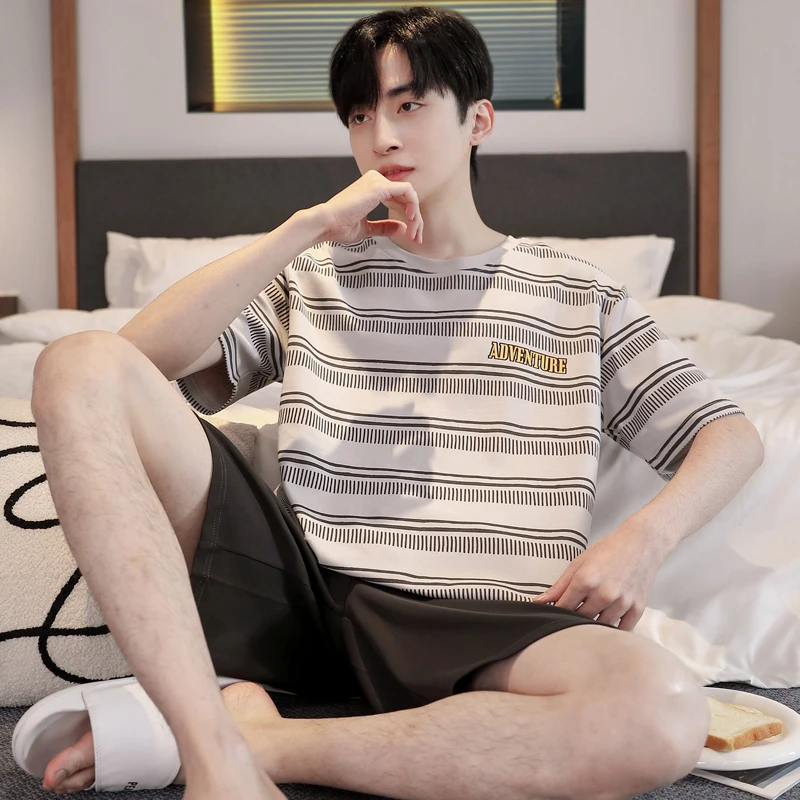 2025 New Fashion Cotton Men's Short Sleepwear Summer O Neck Short Sleeping Top Pant Home Clothes Young Boy Pjs Pyjamas Homme