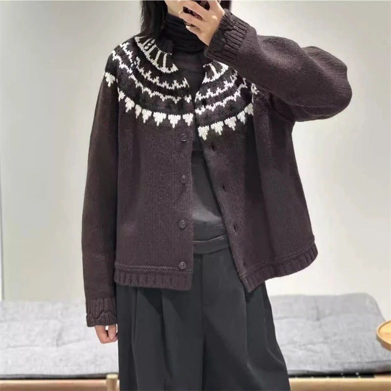 

2026 Spring New Women's Fair Isle Jacquard Sweater Wool Blend Knit Cardigan High-Quality Fashionable Casual Loose Knit Top